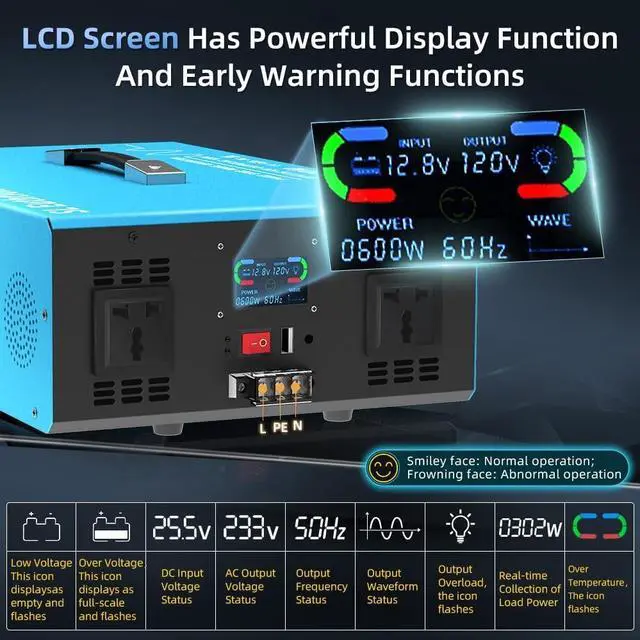 Alt view image 4 of 5 - SL Euthtion 4000W Pure Sine Wave Power Inverter Voice Control AI Voice Assistant Support English 12V to 120V 60HZ with LCD Display, USB Port, for Car Home Laptop Truck