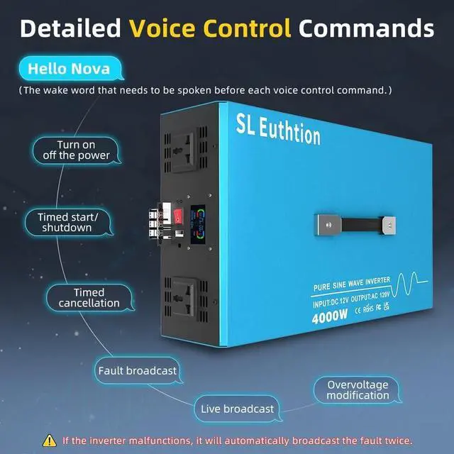 Alt view image 3 of 5 - SL Euthtion 4000W Pure Sine Wave Power Inverter Voice Control AI Voice Assistant Support English 12V to 120V 60HZ with LCD Display, USB Port, for Car Home Laptop Truck