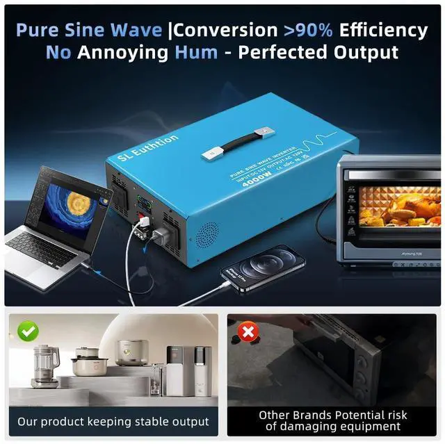 Alt view image 5 of 5 - SL Euthtion 4000W Pure Sine Wave Power Inverter Voice Control AI Voice Assistant Support English 12V to 120V 60HZ with LCD Display, USB Port, for Car Home Laptop Truck