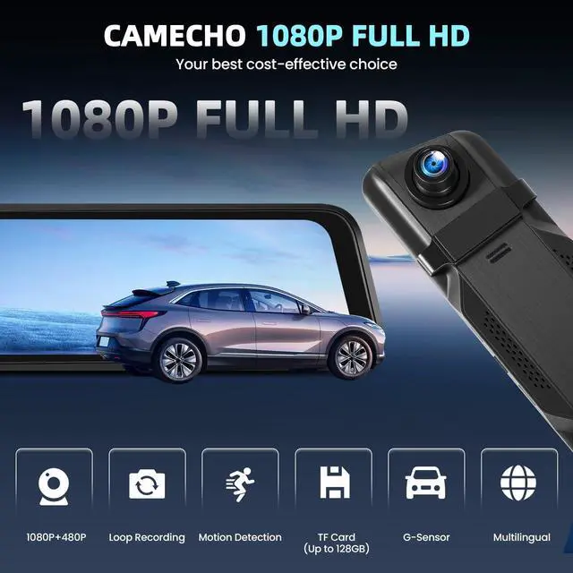 Alt view image 2 of 5 - 9.66 Inch Mirror Dash Cam IPS Touch Screen Front 1080P + Rear 480P with Night Vision, Loop Recording, Reverse Assist, G-Sensor, 150 Wide Angle,G-Sensor Fit for All Cars (Up to 128GB Supported)