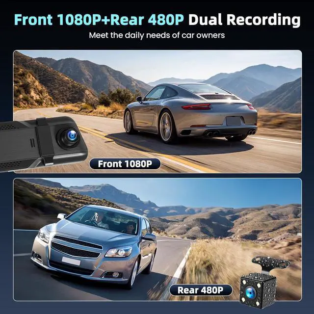 Alt view image 3 of 5 - 9.66 Inch Mirror Dash Cam IPS Touch Screen Front 1080P + Rear 480P with Night Vision, Loop Recording, Reverse Assist, G-Sensor, 150 Wide Angle,G-Sensor Fit for All Cars (Up to 128GB Supported)