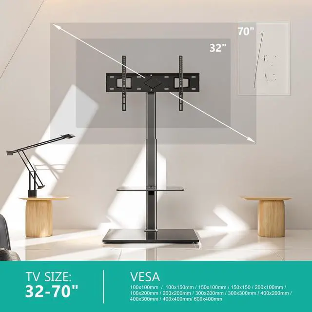 Alt view image 3 of 5 - WALI TV Floor Stand for 32-70inch TVs up to 88lbs, Universal Floor TV Stand Mount, Swivel and Height Adjustable Tall TV Stand with Tempered Glass Base and Shelf for Living Room,Bedroom,Office(TVDVD-6)