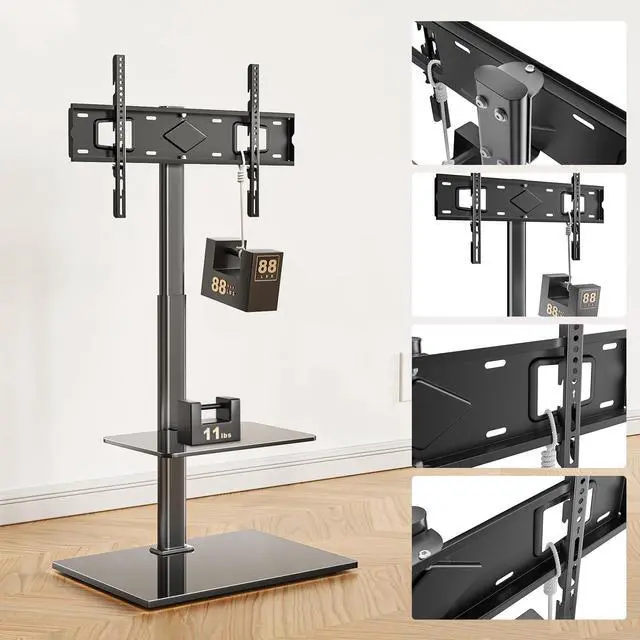 Alt view image 5 of 5 - WALI TV Floor Stand for 32-70inch TVs up to 88lbs, Universal Floor TV Stand Mount, Swivel and Height Adjustable Tall TV Stand with Tempered Glass Base and Shelf for Living Room,Bedroom,Office(TVDVD-6)