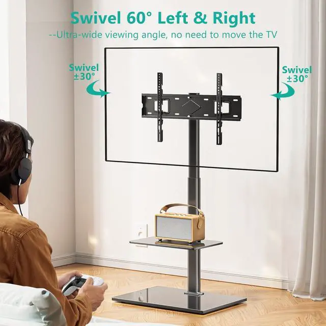 Alt view image 4 of 5 - WALI TV Floor Stand for 32-70inch TVs up to 88lbs, Universal Floor TV Stand Mount, Swivel and Height Adjustable Tall TV Stand with Tempered Glass Base and Shelf for Living Room,Bedroom,Office(TVDVD-6)
