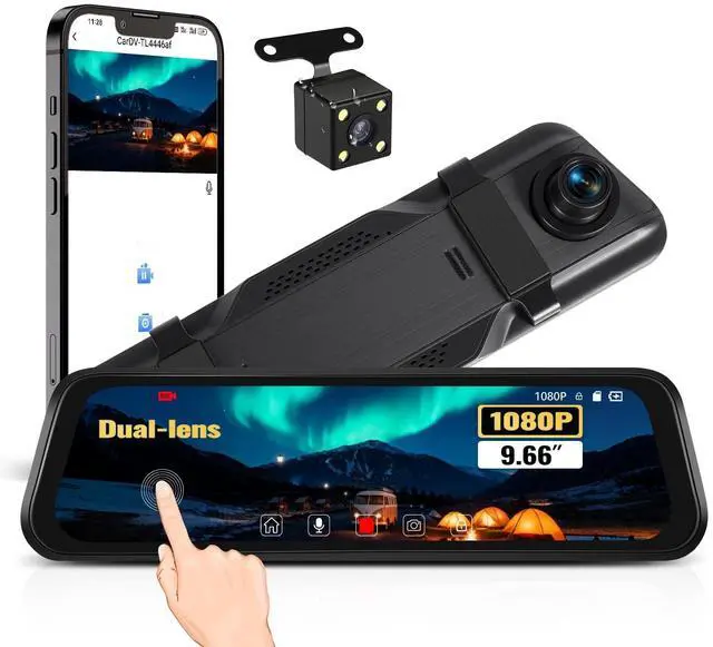 Main image of 9.66 Inch Mirror Dash Cam IPS Touch Screen Front 1080P + Rear 480P with Night Vision, Loop Recording, Reverse Assist, G-Sensor, 150 Wide Angle,G-Sensor Fit for All Cars (Up to 128GB Supported)