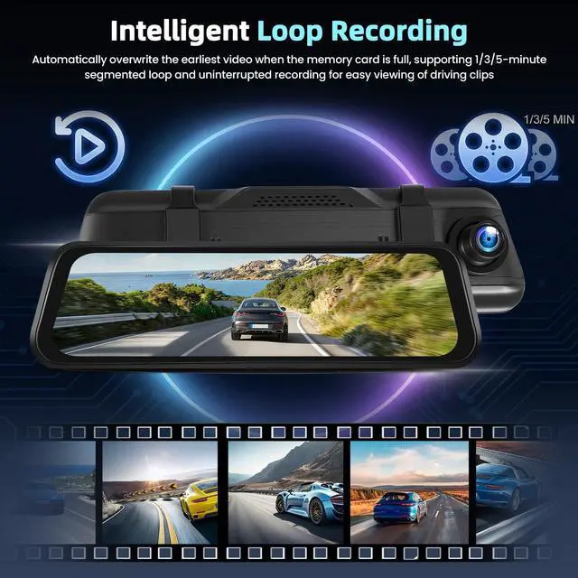 Alt view image 4 of 5 - 9.66 Inch Mirror Dash Cam IPS Touch Screen Front 1080P + Rear 480P with Night Vision, Loop Recording, Reverse Assist, G-Sensor, 150 Wide Angle,G-Sensor Fit for All Cars (Up to 128GB Supported)