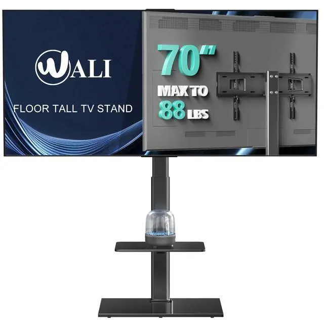 Main image of WALI TV Floor Stand for 32-70inch TVs up to 88lbs, Universal Floor TV Stand Mount, Swivel and Height Adjustable Tall TV Stand with Tempered Glass Base and Shelf for Living Room,Bedroom,Office(TVDVD-6)