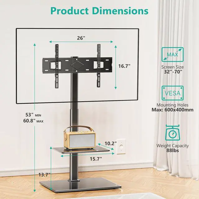 Alt view image 2 of 5 - WALI TV Floor Stand for 32-70inch TVs up to 88lbs, Universal Floor TV Stand Mount, Swivel and Height Adjustable Tall TV Stand with Tempered Glass Base and Shelf for Living Room,Bedroom,Office(TVDVD-6)