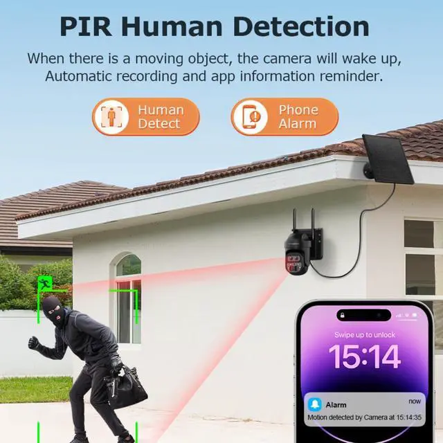Alt view image 5 of 5 - INQMEGA 12X Zoom Solar Security Camera 3K/6MP Dual Lens WiFi Outdoor Wireless Camera, PIR Human Motion Detection, Color Night Vision, Spotlight & Siren, Cloud & microSD Storage, App Control