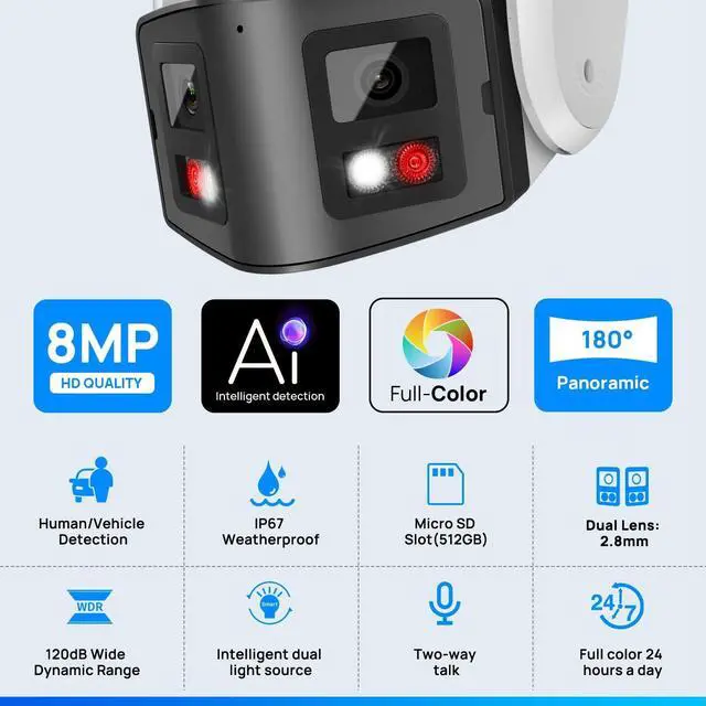Alt view image 2 of 5 - VIKYLIN 180 Dual-Lens 4K 8MP PoE IP Security Panoramic Turret Camera,Two Way Audio, AI Human Vehicle Detection Trigger Color Night Vision, SD Card (512GB),NDAA Complaint