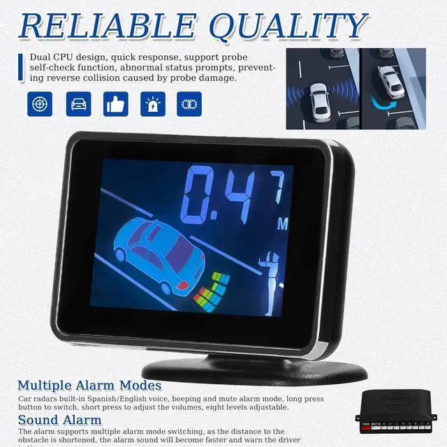 Alt view image 2 of 5 - Mulcort Car Reverse Backup Parking Sensor Radar System, 8 Parking Sensors Kit with Front & Rear Sound Warning Buzzer Mute LCD Distance Display Volumes