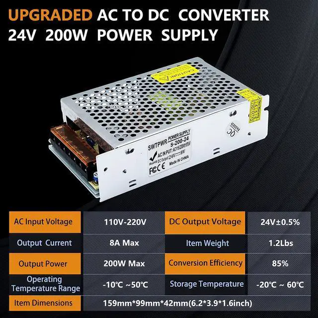 Alt view image 2 of 5 - SWTPWR 24V Power Supply AC 110V to DC 24V Converter AC to DC Converter SMPS 24V 8A 200W AC/DC Power Adapter 24v Transformer Designed for LED Car Devices and CCTV