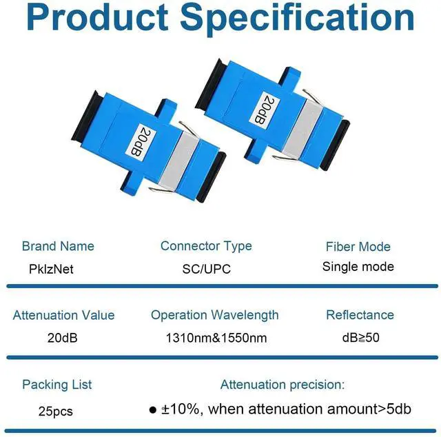 Alt view image 5 of 5 - PklzNet 25PCS 20dB SC-UPC Flange Fiber Optical attenuators Single Mode, Female to Female singal Attenuation Connector Fixed Direct Insert Adapter