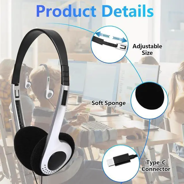 Alt view image 3 of 5 - Anrgterg 24 Pack Type C Classroom Headphones Bulk for Kids Durable Wired Over Ear School Headsets with Microphone, Hearing Protection for iPad, Tablets, School Students, Online Learning
