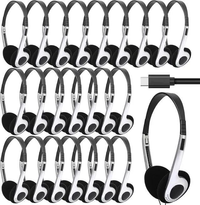 Main image of Anrgterg 24 Pack Type C Classroom Headphones Bulk for Kids Durable Wired Over Ear School Headsets with Microphone, Hearing Protection for iPad, Tablets, School Students, Online Learning