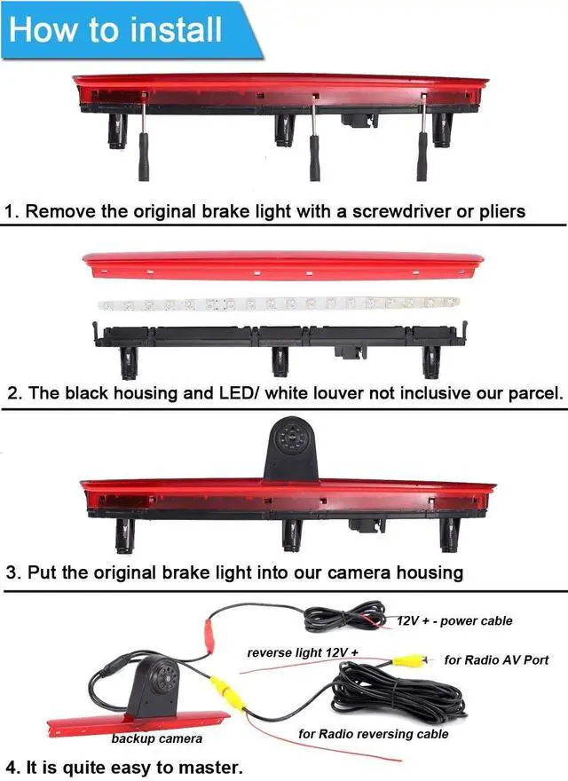Alt view image 5 of 5 - 1280 * 720 Pixel Super HD Brake Light Backup Camera Set with 7 Inch LCD Monitor, Night Vision Reversing Camera Replacement for VW T5 Bus Transporter Multivan Caravelle Bussiness 2003-2015 Bj