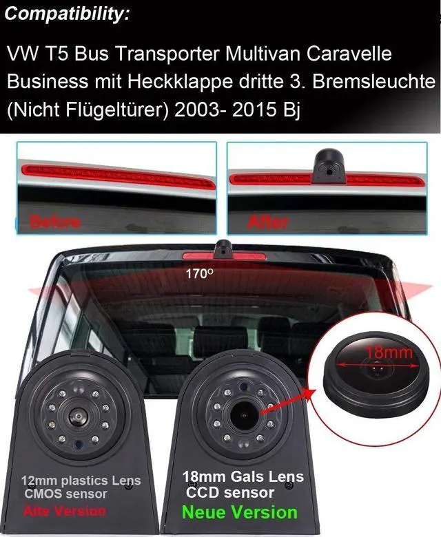 Alt view image 2 of 5 - 1280 * 720 Pixel Super HD Brake Light Backup Camera Set with 7 Inch LCD Monitor, Night Vision Reversing Camera Replacement for VW T5 Bus Transporter Multivan Caravelle Bussiness 2003-2015 Bj