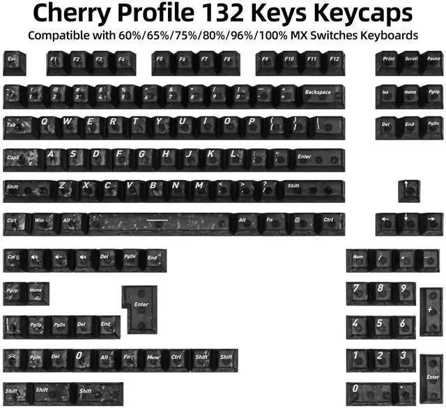 Alt view image 2 of 5 - GEKUCAP Black Carbon Fiber Top Print Keycaps, 132 Keys Cherry Profile Ergonomic Translucent PC Keycap Set, Silk Screen Printed Legends, Universal Fit for Most Mechanical Gaming Keyboards