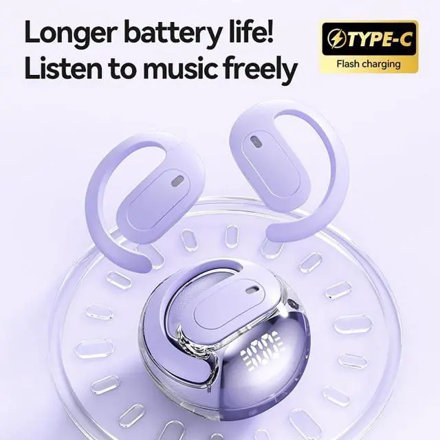 Alt view image 4 of 5 - ZKBSIAXD Open Ear Bluetooth Headphones 5.4, Neckband Wireless Earbuds with LED Power Display, 60Hrs Playtime, HiFi Stereo Sound, Touch Control, Secure Ear Hook for Running, Sports, Workout-Purp
