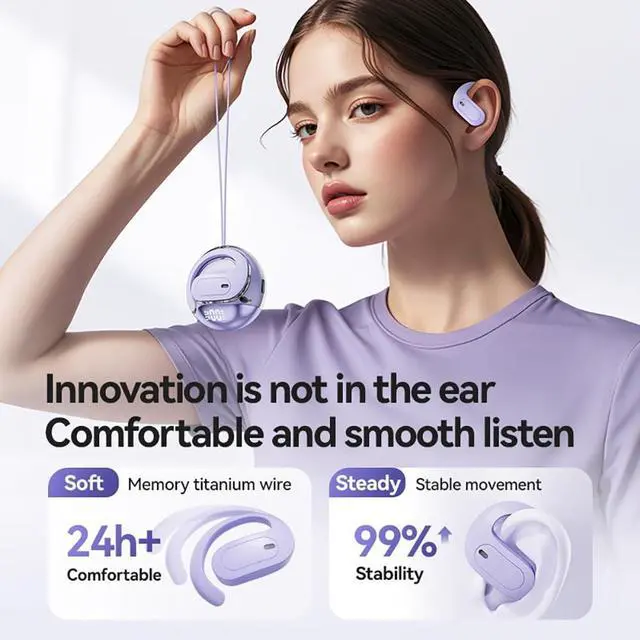 Alt view image 5 of 5 - ZKBSIAXD Open Ear Bluetooth Headphones 5.4, Neckband Wireless Earbuds with LED Power Display, 60Hrs Playtime, HiFi Stereo Sound, Touch Control, Secure Ear Hook for Running, Sports, Workout-Purp