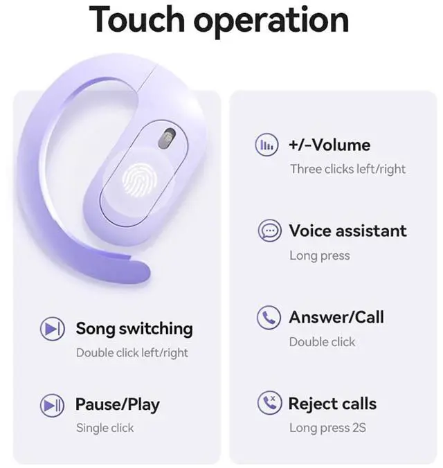 Alt view image 3 of 5 - ZKBSIAXD Open Ear Bluetooth Headphones 5.4, Neckband Wireless Earbuds with LED Power Display, 60Hrs Playtime, HiFi Stereo Sound, Touch Control, Secure Ear Hook for Running, Sports, Workout-Purp