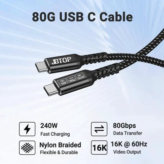 Alt view image 2 of 5 - JBTOP 80Gbps USB c to c Cable 6.6ft(2packs) Data Transfer, Bandwidth for 16K/Dual 8K, 240W Fast Charging, Braided USB C Video Cable Compatible Thunderbolt 4/5 Devices