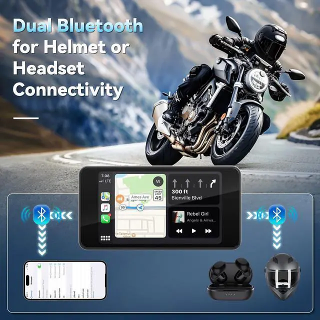 Alt view image 4 of 5 - Motorcycle CarPlay Screen with Wireless Apple CarPlay Android Auto,4.7 Inch Waterproof Touch Screen, GPS Navigation for Motorbike Supports GPS Navigation/Mirror Link/Bluetooth Transmission