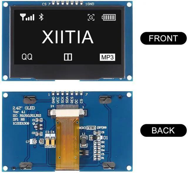 Alt view image 2 of 5 - XIITIA 2pcs 7 Pin 2.42" SSD1309 128x64 OLED Display Module 2.42 Inch OLED LCD Display Module IIC I2C SPI(White Light)