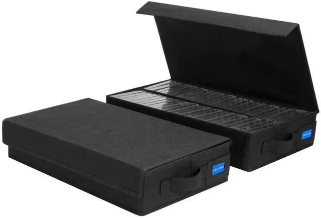 Main image of BOATISLE Cassette Tape Storage Box with Handles and Lid Cassette Tape Holder and Organizer with External Label Slots, Stackable Cassette Storage Rack, 2Pack-Black