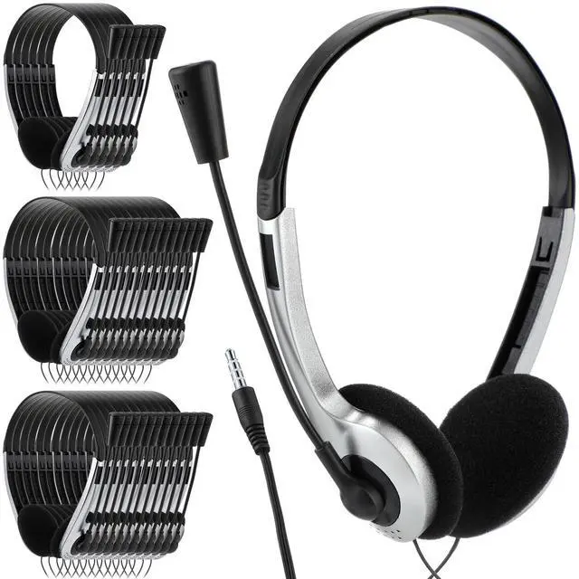 Main image of Yunsailing 30 Pack Classroom Headphones with Microphone School Student Headphones Bulk Class Set Lightweight Adjustable Earphones on Ear with 3.5 mm Jack(Silver,Plastic Stem)
