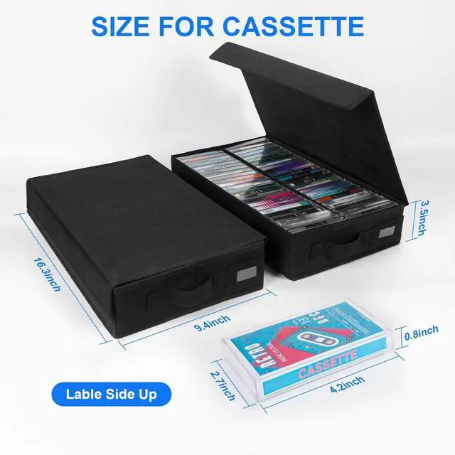 Alt view image 3 of 5 - BOATISLE Cassette Tape Storage Box with Handles and Lid Cassette Tape Holder and Organizer with External Label Slots, Stackable Cassette Storage Rack, 2Pack-Black