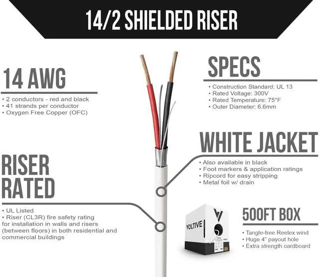 Alt view image 2 of 5 - Voltive 14/2 Shielded Low Voltage Wire, Riser CL3R, White, 500ft - 14AWG, 2 Conductors, Overall Shield, Stranded Bare Copper, UL Listed - V-1262-1