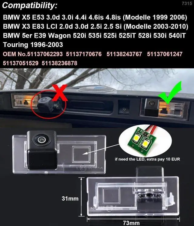 Alt view image 2 of 4 - Car Rear View Reversing Backup Camera Replacement for BMW X5 E53 3.0d 3.0i 4.4i 4.6is 4.8is/BMW X3 E83 LCI 2.0d 3.0d 2003-2010/BMW 5er E39 Wagon 520i 535i 5251 525iT 1996-2003