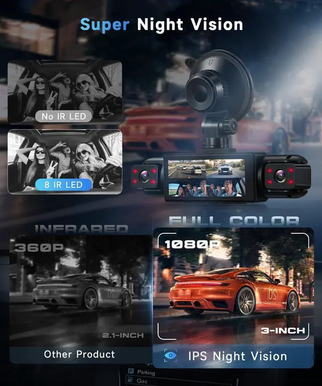 Alt view image 3 of 5 - Orderich 4 Channel 360 Dash Cam Front and Rear Inside Left Right, 3.16 Inch FHD 1080P IPS Dashcam Supports Night Vision, Loop Recording, 24/7 Recording Parking Mode Monitor, Reverse View