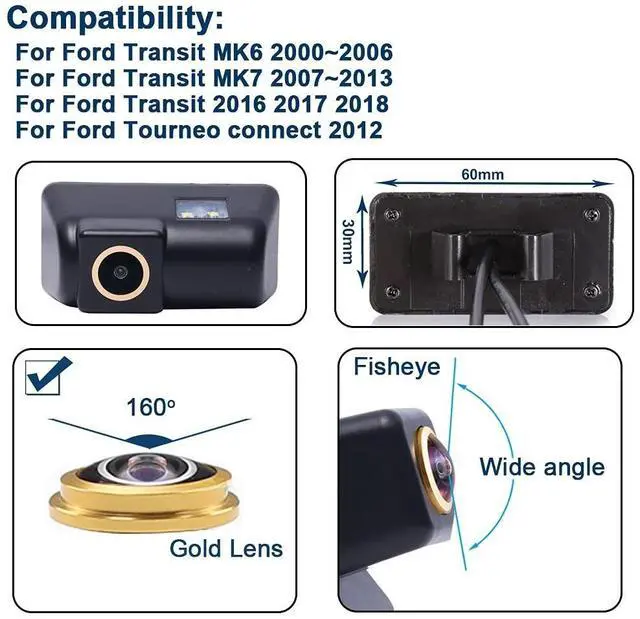 Alt view image 2 of 5 - Caros Fisheye 1280x720 Pixels car Backup Camera Reverse Parking Rear View Replacement for Ford Transit MK6(2000-2006) Ford MK7(2007-2013) Tourneo Connect 2012