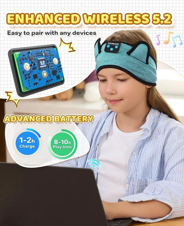 Alt view image 3 of 5 - KIDSBAND Kids Headphones for Plane, Wireless Headband Adjustable, Does Not Press The Ears, Convenient for Long-Time Use, Headphones for Boys,Girls,Sleeping,School,Air Travel,Smartphones,Tablet