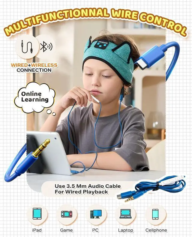 Alt view image 5 of 5 - KIDSBAND Kids Headphones for Plane, Wireless Headband Adjustable, Does Not Press The Ears, Convenient for Long-Time Use, Headphones for Boys,Girls,Sleeping,School,Air Travel,Smartphones,Tablet