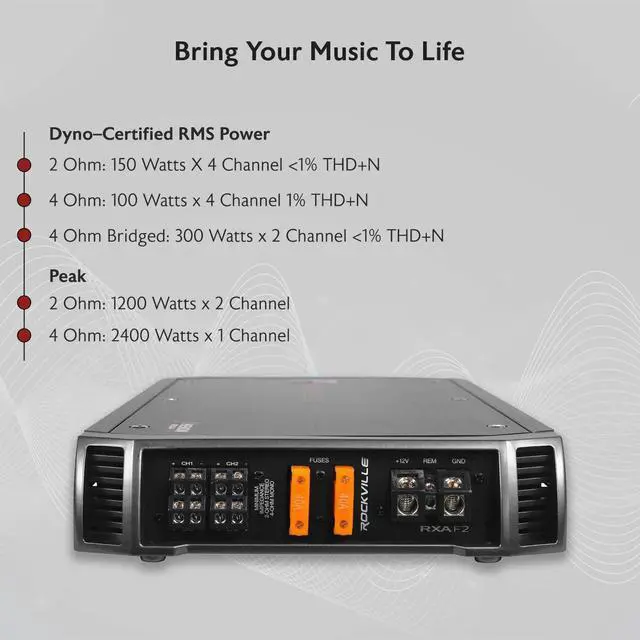 Alt view image 4 of 5 - Rockville RXA-F2 2400W 4-Channel Car Amplifier, Dyno-Certified RMS, MOSFET Power Supply, ELNA Capacitors, Class A/B, Perfect for Car Audio and Subs
