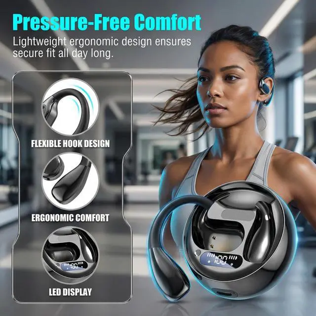 Alt view image 2 of 5 - DeKangHY Open Ear Earbuds Wireless Earbuds Bluetooth 5.4, LED Display Bluetooth Earphone for Workout/Running, AI Noise Reduction Touch Controls, 72hr Playtime,Waterproof Black