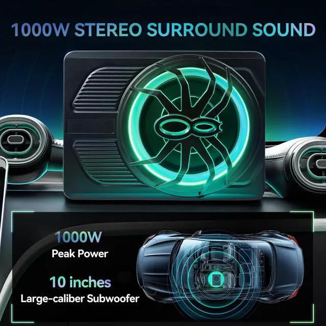 Alt view image 2 of 5 - Andeman 1000W Smart Car Subwoofer with Remote & APP Dual Control - 10" Slim Under Seat Powered Bass, 16M RGB Color Lights, Built-in Amp & Hi/Lo Input for Car/Truck/SUV/Jeep/MPV