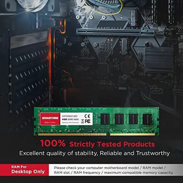 Alt view image 3 of 5 - [(DDR3 RAM)]  GIGASTONE 16GB Kit (4x4GB) DDR3/DDR3L 1600MHz (1333MHz) PC3-12800 (PC3-10600) CL11 1.35V/1.5V 2Rx8 UDIMM 240 Pin Unbuffered Non ECC High Performance PC Desktop Memory Upgrade