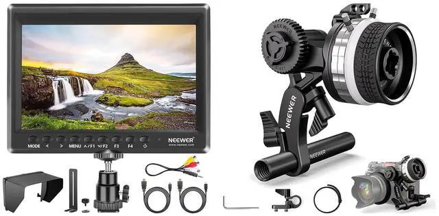 Main image of NEEWER F100 7inch Camera Field Monitor HD Video Assist IPS 1280x800 HDMI Input 1080p with Sunshade and Ball Head for DSLR Cameras, Mini Follow Focus with A/B Stops Included