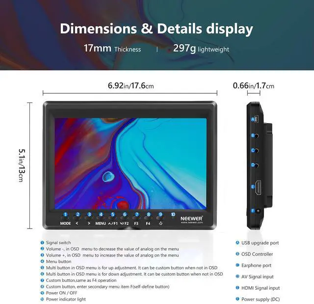 Alt view image 3 of 5 - NEEWER F100 7inch Camera Field Monitor HD Video Assist IPS 1280x800 HDMI Input 1080p with Sunshade and Ball Head for DSLR Cameras, Mini Follow Focus with A/B Stops Included