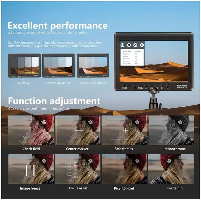 Alt view image 5 of 5 - NEEWER F100 7inch Camera Field Monitor HD Video Assist IPS 1280x800 HDMI Input 1080p with Sunshade and Ball Head for DSLR Cameras, Mini Follow Focus with A/B Stops Included