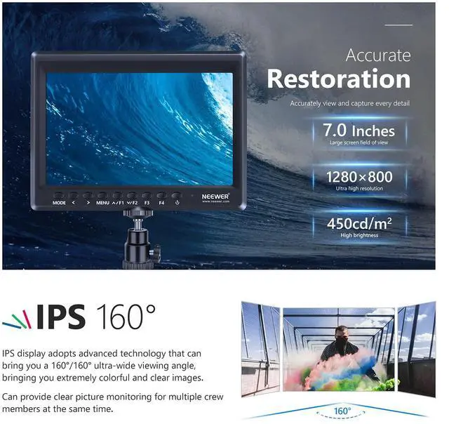 Alt view image 4 of 5 - NEEWER F100 7inch Camera Field Monitor HD Video Assist IPS 1280x800 HDMI Input 1080p with Sunshade and Ball Head for DSLR Cameras, Mini Follow Focus with A/B Stops Included