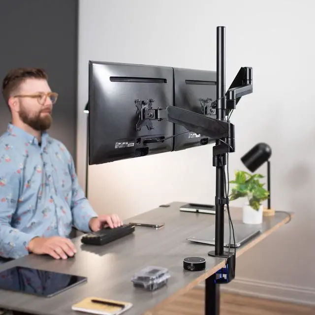 Alt view image 2 of 5 - VIVO Dual Monitor Arm Extra Tall Mount for Screens up to 32 inches, Pneumatic Height Adjustment, Full Articulating Heavy Duty VESA Stand with Desk C-clamp and Grommet, STAND-V012K