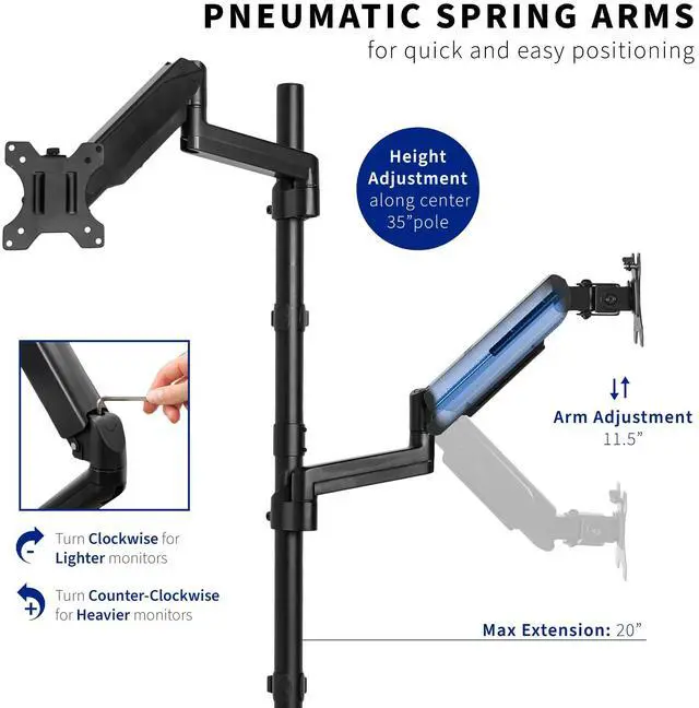 Alt view image 3 of 5 - VIVO Dual Monitor Arm Extra Tall Mount for Screens up to 32 inches, Pneumatic Height Adjustment, Full Articulating Heavy Duty VESA Stand with Desk C-clamp and Grommet, STAND-V012K