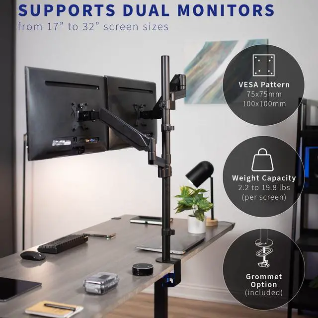 Alt view image 4 of 5 - VIVO Dual Monitor Arm Extra Tall Mount for Screens up to 32 inches, Pneumatic Height Adjustment, Full Articulating Heavy Duty VESA Stand with Desk C-clamp and Grommet, STAND-V012K