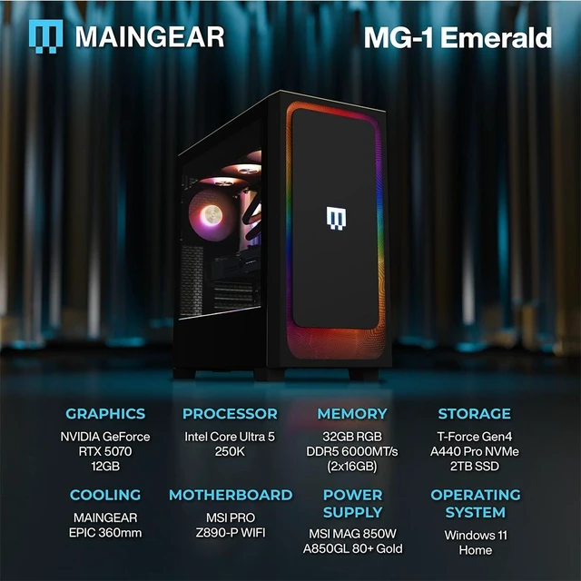Alt view image 2 of 7 - MAINGEAR MG-1 | Emerald Gaming Desktop - NVIDIA GeForce RTX 5070 - Intel Core Ultra 5 250K Plus - 32GB DDR5 - 2TB Storage