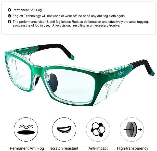 Alt view image 2 of 7 - Mysandy ANSI Z87.1 Certified Safety Glasses - Lightweight Green Protective Eyewear with Adjustable Nose Pad, Anti-Fog & Blue Light Blocking for Computer Work